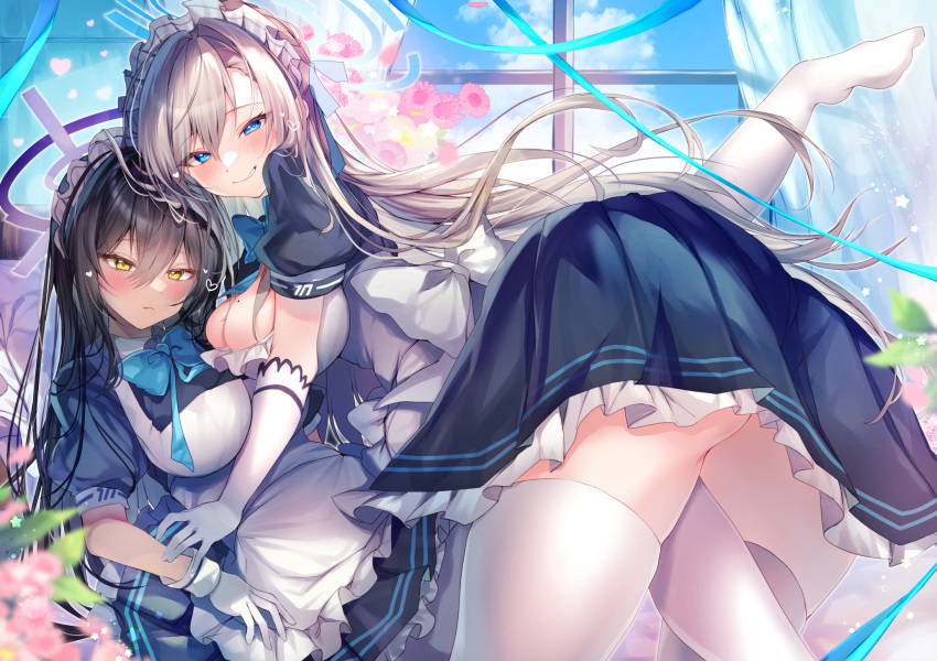 2girls ass asuna_(blue_archive) black_dress black_hair blue_archive blue_halo blush breasts closed_mouth dark-skinned_female dark_skin dress frilled_dress frills gloves grin halo highres karin_(blue_archive) large_breasts light_brown_hair long_hair looking_at_viewer maid maid_headdress multiple_girls nenobi_(nenorium) purple_halo smile thighhighs white_gloves white_thighhighs yellow_eyes