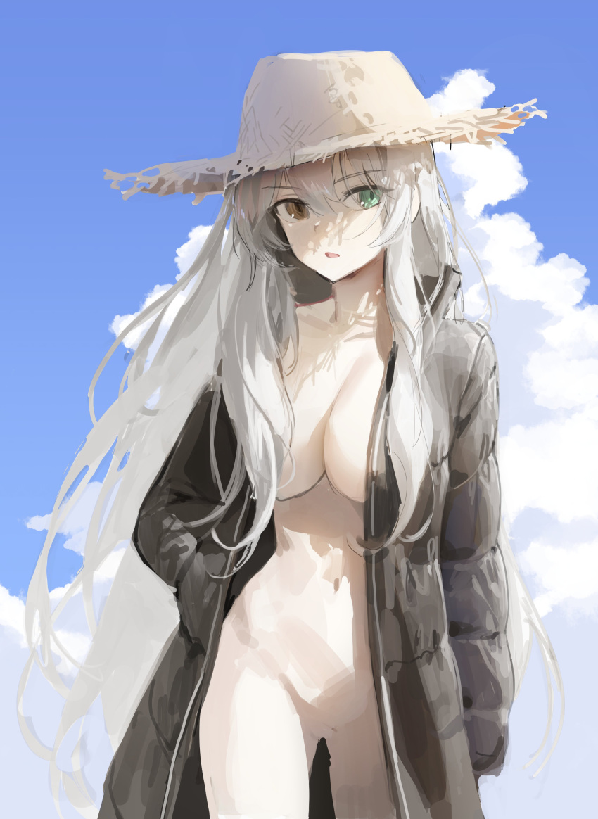 1girl absurdres baka_(bakayaro111555) black_coat blue_sky breasts brown_eyes cleavage cloud coat day grey_hair hair_between_eyes hat heterochromia highres large_breasts long_hair long_sleeves looking_at_viewer no_pussy nude open_clothes open_coat original outdoors pale_skin parted_lips sidelocks sky solo straw_hat very_long_hair