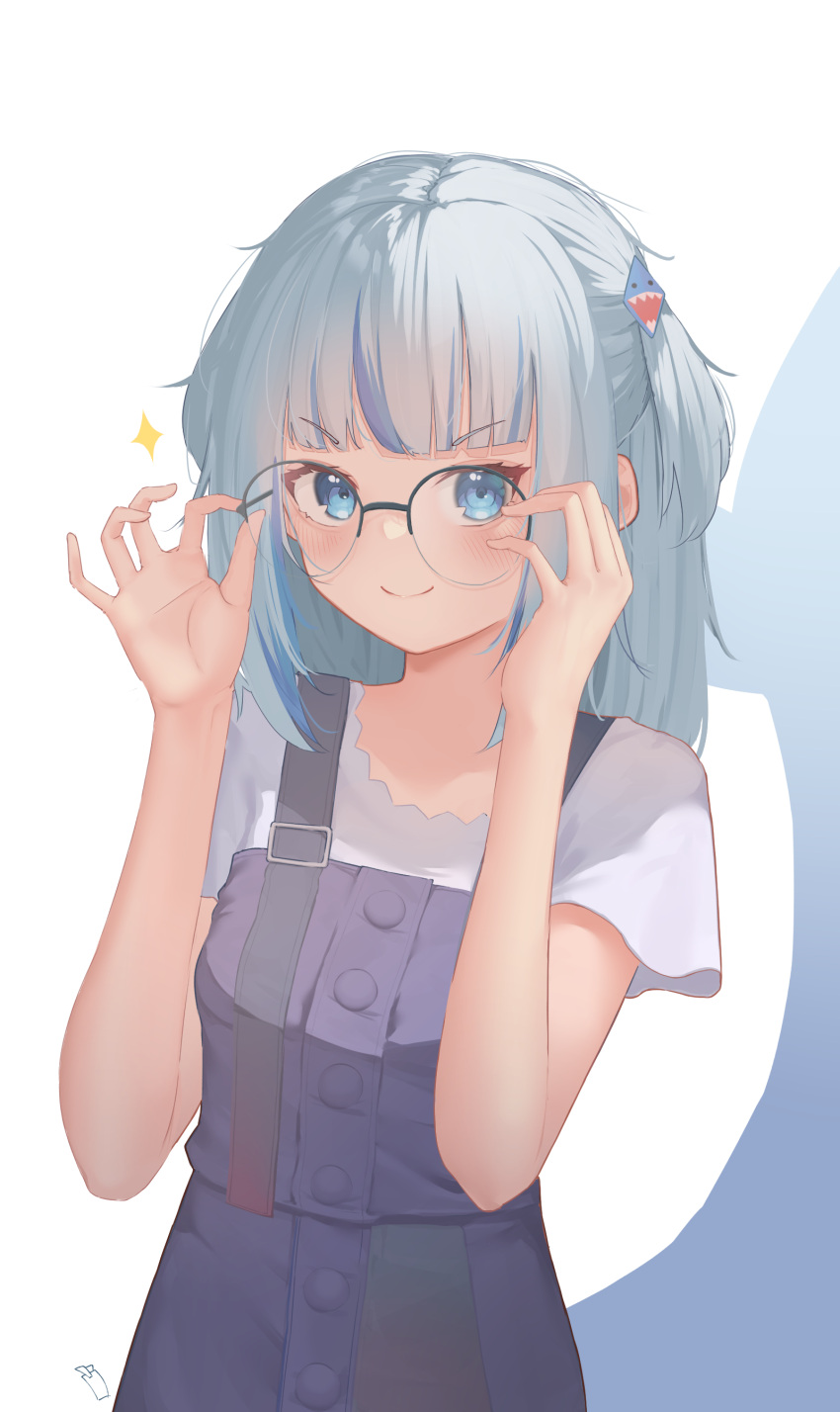 1girl absurdres animal_ears aqua_eyes blue_eyes blue_hair blush gawr_gura glasses gradient_clothes grey_hair highres hololive looking_at_viewer medium_hair multicolored_hair shirt streaked_hair t-shirt tachibana_shiori_(suica_112) upper_body white_shirt