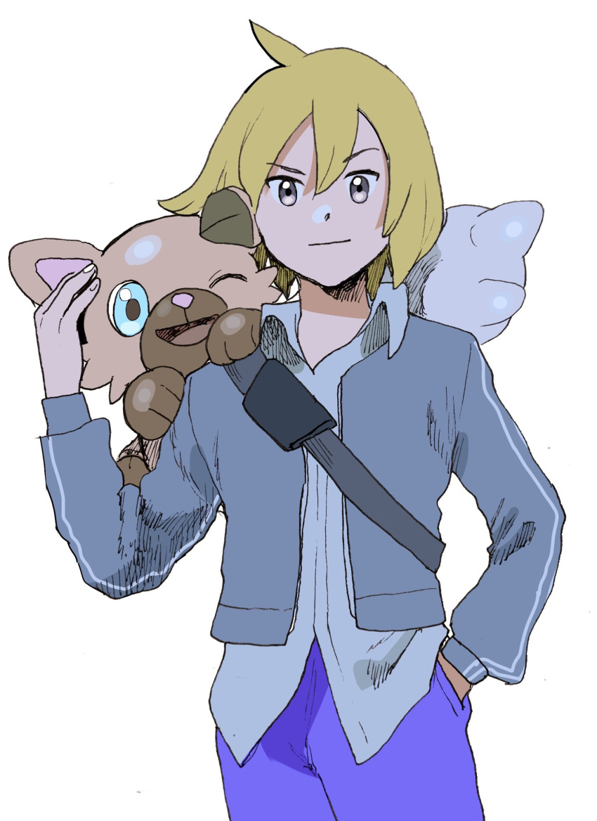 1boy animal_ears blonde_hair blue_eyes cowboy_shot dog_ears grey_eyes hand_in_pocket highres light_smile long_sleeves looking_at_viewer male_focus one_eye_closed paulo_(pokemon) pokemon pokemon_(game) pokemon_masters_ex rockruff simple_background smile tomato_(satomi) white_background