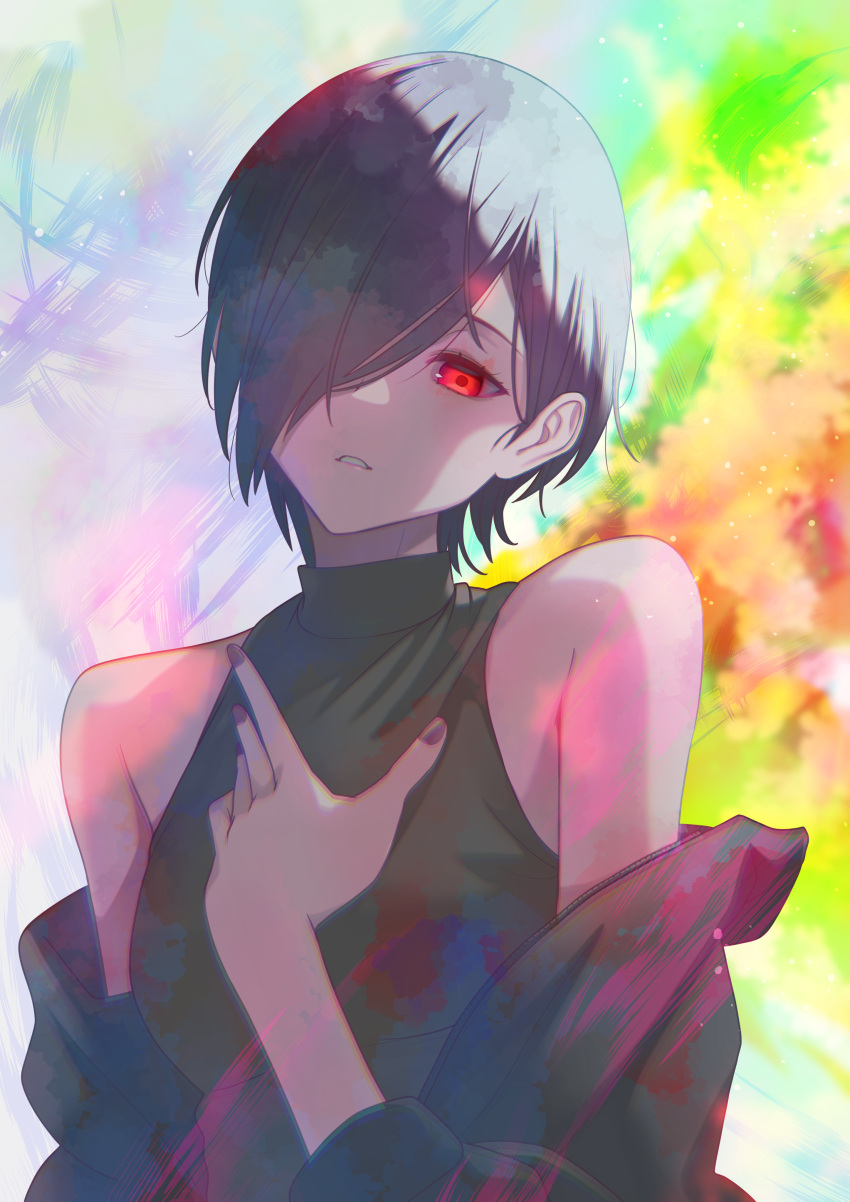 07nono06 1girl absurdres bare_shoulders black_hair black_jacket black_nails breasts hair_over_one_eye highres jacket kirishima_touka medium_breasts multicolored_background multicolored_clothes multicolored_jacket nail_polish off_shoulder parted_lips pink_jacket red_eyes shirt short_hair solo teeth tokyo_ghoul two-tone_jacket upper_body