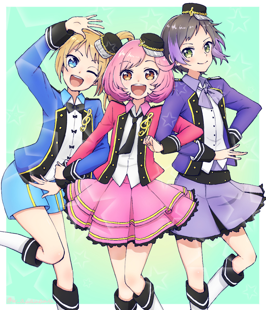 aqua_background ayase_naru fukuhara_ann green_background green_eyes highres ito_kunio marching_band pretty_(series) pretty_rhythm pretty_rhythm_rainbow_live waka_(978-4)