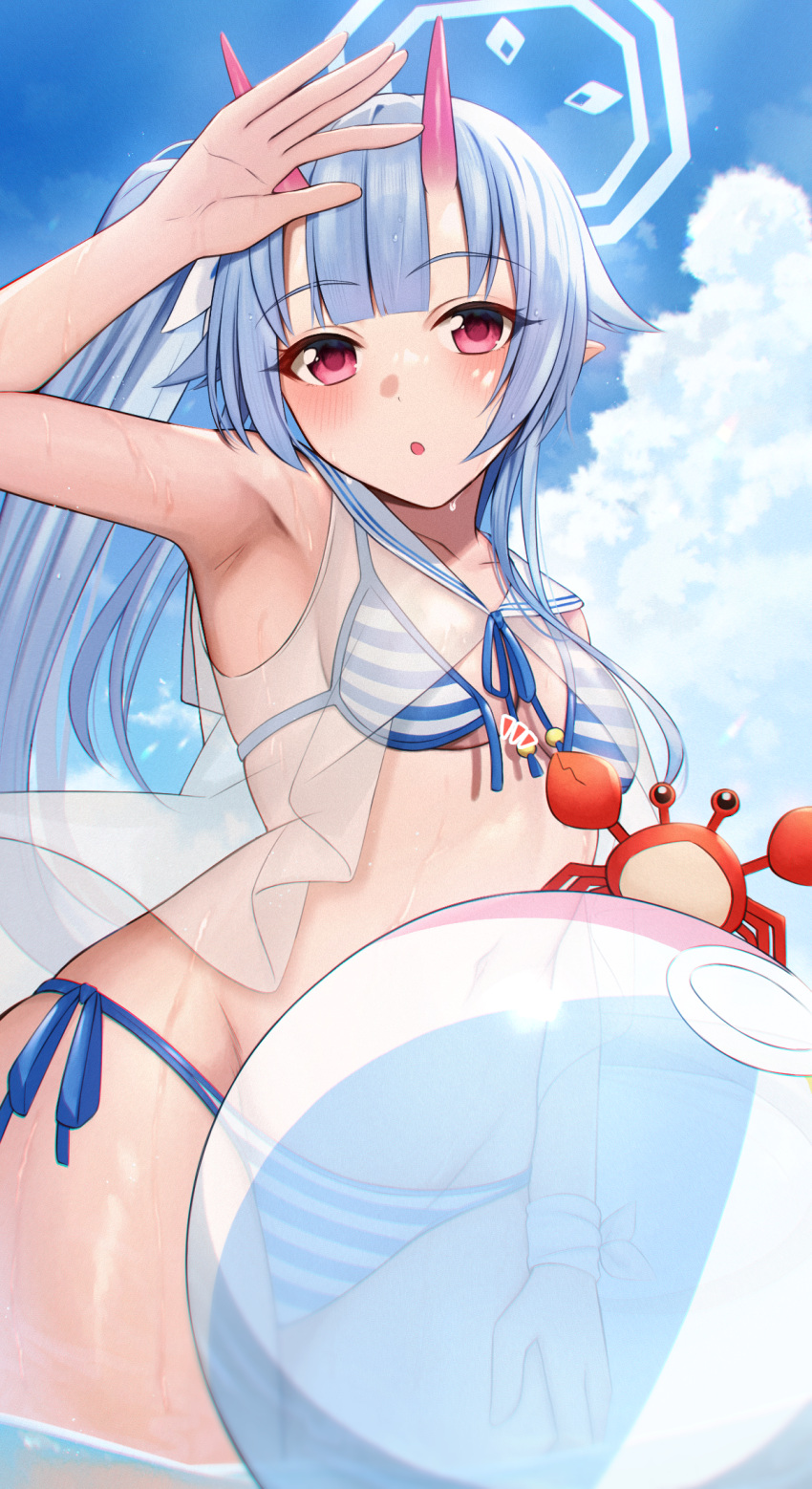 1girl :o ball beachball bikini blue_archive blue_sky breasts chise_(blue_archive) chise_(swimsuit)_(blue_archive) cloud crab day halo highres horns hoshimiya_aki long_hair looking_at_viewer medium_breasts official_alternate_costume oni_horns outdoors pointy_ears red_eyes red_horns side-tie_bikini_bottom side_ponytail sky solo striped striped_bikini swimsuit wet