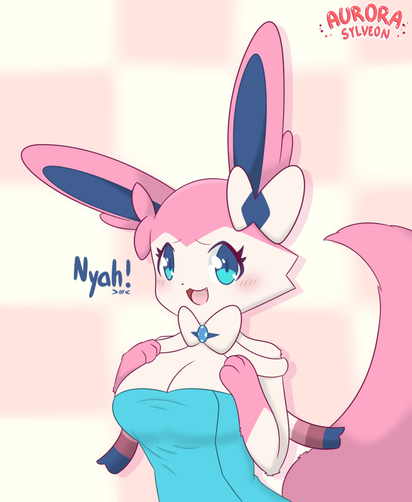 &gt;_&lt; 2023 3_fingers anthro anthrofied artist_logo artist_name aurora_sylveon aurorasylveon big_ears big_eyes big_tail blue_ears blue_eyes blue_ribbon blue_towel blush blush_lines bow_(feature) bow_accessory bow_ribbon breasts checkerboard checkered_background drop_shadow ear_tuft eeveelution emoticon eyes_closed fan_character felid feline female fingers fluffy fluffy_tail fur generation_6_pokemon half-length_portrait hand_on_breast hand_on_own_breast handwritten_text hi_res logo looking_at_viewer mammal multicolored_body multicolored_ears multicolored_fur neck_bow nintendo open_mouth pattern_background pink_body pink_breasts pink_ears pink_forearm pink_fur pink_head pink_ribbon pink_tail pokemon pokemon_(species) pokemorph portrait ribbons simple_background smile smiling_at_viewer solo sylveon tail text towel towel_only tuft two_tone_arms two_tone_body two_tone_ears two_tone_fur