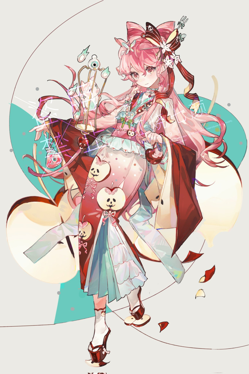 1girl animal artist_name blush bow chinese_clothes closed_mouth dress flower food fruit grey_background hair_between_eyes hair_bow hair_flower hair_ornament hair_ribbon happybiirthd highres holding holding_food holding_fruit jewelry long_hair long_sleeves looking_at_viewer necklace original patterned_clothing petals pig pink_bow pink_dress pink_eyes pink_hair red_dress red_petals ribbon signature simple_background smile solo standing traditional_clothes watermark