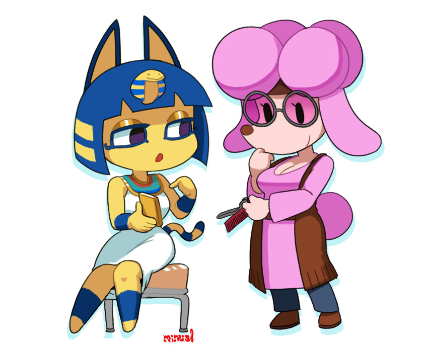 2023 animal_crossing ankha_(animal_crossing) anthro armband bangs blue_armband blue_hair blunt_bangs bob_cut canid canine clothing egyptian egyptian_clothing eyewear felid feline female glasses hair hi_res mammal minus8 neckwear nintendo phone pink_clothing pink_hair scissors tagme