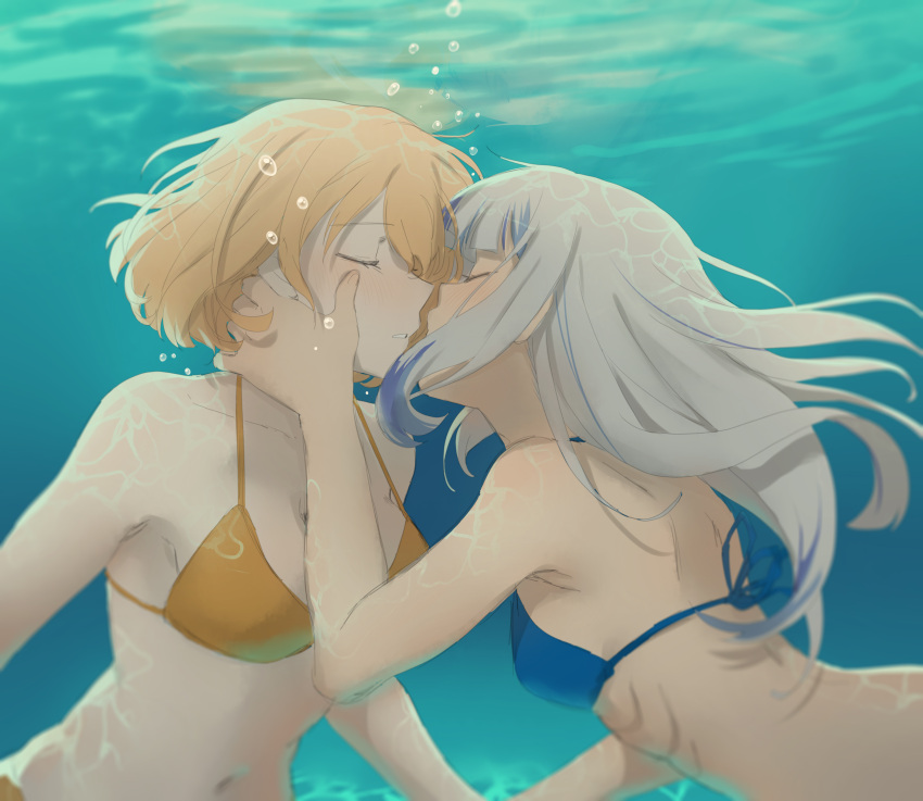 2girls absurdres air_bubble back bikini blonde_hair blue_bikini blue_hair blush breasts bubble closed_eyes face-to-face gawr_gura grey_hair gygerbeen_rtl06 hand_on_another's_cheek hand_on_another's_face highres hololive hololive_english imminent_kiss large_breasts long_hair multicolored_hair multiple_girls navel nose_blush ocean orange_bikini parted_lips short_hair small_breasts streaked_hair submerged swimsuit underwater watson_amelia yuri