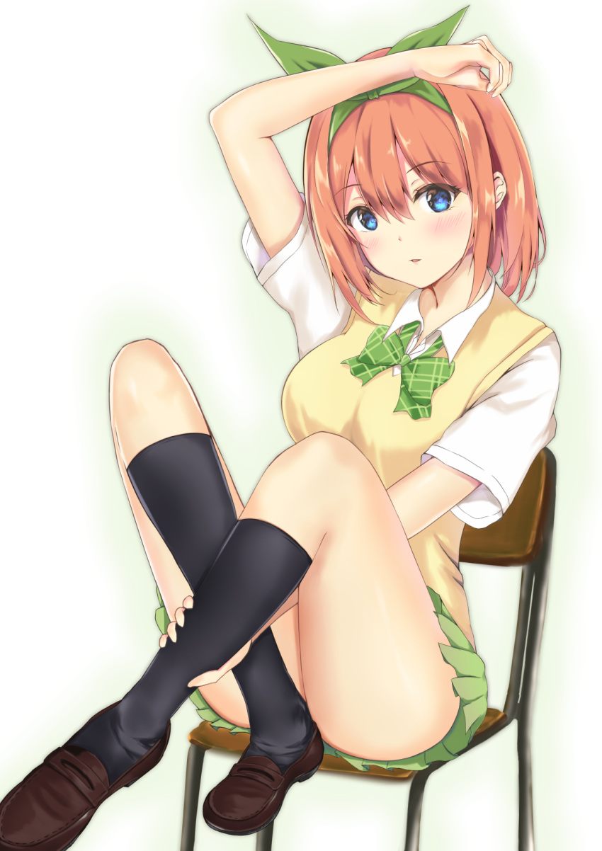 1girl arm_above_head arm_between_legs black_socks blue_eyes blush bow bowtie breasts brown_footwear collared_shirt commentary_request convenient_leg crossed_legs eyelashes full_body go-toubun_no_hanayome green_bow green_bowtie green_hairband green_ribbon green_skirt hair_ribbon hairband head_tilt highres large_breasts leg_grab legs loafers looking_at_viewer medium_hair miniskirt nakano_yotsuba neko_usagi_(nekousagi_jpn) on_chair orange_hair parted_lips plaid plaid_bow pleated_skirt ribbon school_uniform shirt shoes short_sleeves simple_background sitting skirt socks solo sweater_vest thighs white_background white_shirt yellow_sweater_vest