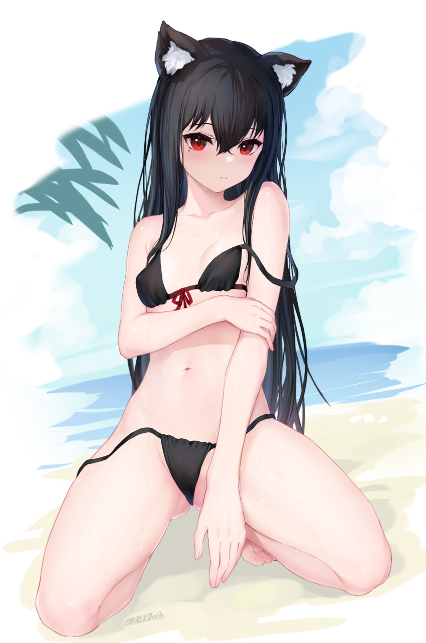 1girl :3 animal_ear_fluff animal_ears bikini black_bikini black_hair breasts cat_ears cat_girl full_body highres indie_virtual_youtuber kneeling light_smile looking_at_viewer navel red_eyes shibanme_tekikumo small_breasts stomach strap_slip swimsuit untied_bikini xingye