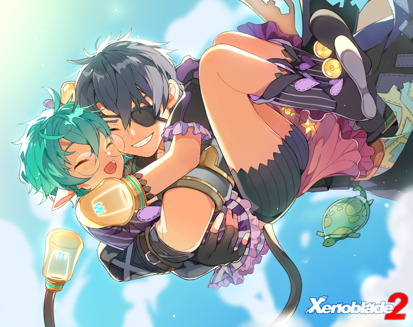 1boy 1girl black_gloves black_hair blue_sky boots cheek-to-cheek cloud cloudy_sky coat copyright_name english_commentary eyepatch fang fingerless_gloves glasses gloves green_hair grey_coat grin heads_together hetero highres hug jacket open_mouth outdoors pandoria_(xenoblade) parted_lips pointy_ears purple_footwear purple_gloves purple_jacket purple_shorts shoe_soles short_hair short_sleeves shorts sky smile stephanieh81080 tail teeth turters_(xenoblade) xenoblade_chronicles_(series) xenoblade_chronicles_2 zeke_von_genbu_(xenoblade)