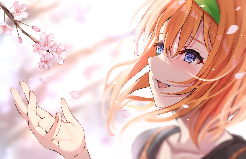 1girl absurdres blue_eyes blurry blush cherry_blossoms close-up collarbone commentary depth_of_field falling_petals go-toubun_no_hanayome green_ribbon hair_between_eyes hair_ribbon hand_up highres looking_at_flowers nakano_yotsuba open_mouth orange_hair petals raikun_raikun ribbon short_hair smile solo