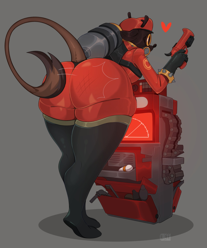 &lt;3 absurd_res anthro beret big_butt boots bovid bovine brown_tail butt butt_slap cattle cherry_beries clothing dispenser_(team_fortress_2) elliot_(femboysoju) flare_gun footwear gas_mask gloves grey_background gun handwear hat headgear headwear hi_res holding_gun holding_object holding_weapon horn latex_gloves male mammal mask pyro_(team_fortress_2) ranged_weapon rubber rubber_clothing rubber_suit simple_background slap solo spank_marks spanking tail tail_spank tail_tuft team_fortress_2 thick_thighs tuft valve weapon wide_hips