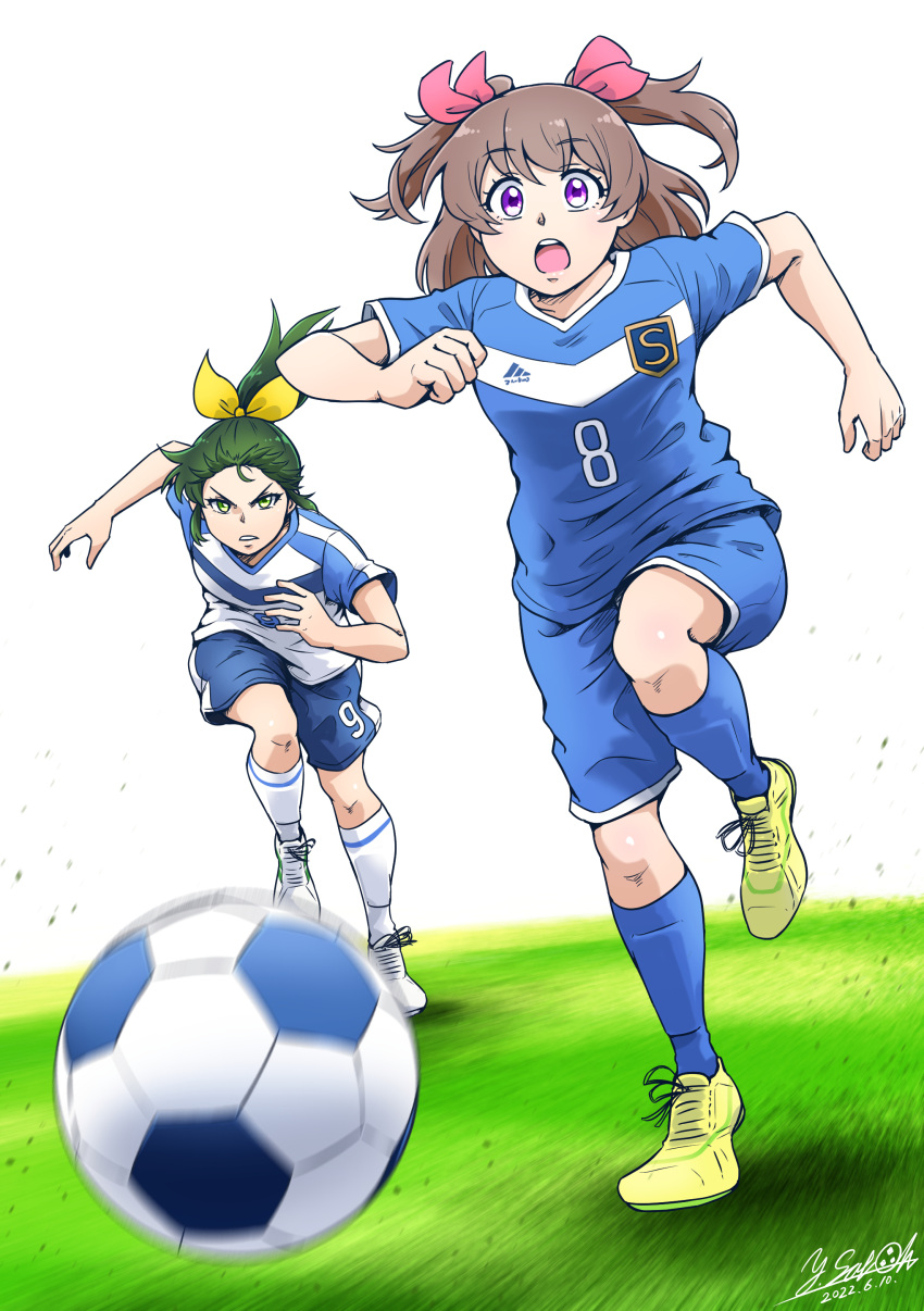 2girls absurdres artist_name ball blue_shirt blue_shorts blue_socks blurry blurry_foreground brown_hair cleats commentary dated day delicious_party_precure depth_of_field frown grass green_eyes green_hair hair_ribbon highres long_hair looking_at_another looking_at_viewer medium_hair midorikawa_nao multiple_girls nagomi_yui open_mouth outdoors parted_lips pink_ribbon ponytail precure purple_eyes ribbon running satou_yasu series_connection shin_guards shirt short_sleeves shorts signature smile_precure! soccer soccer_ball soccer_uniform socks sportswear standing two_side_up v-shaped_eyebrows white_footwear white_shirt yellow_footwear yellow_ribbon