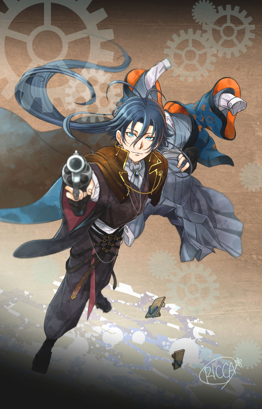 1boy absurdres aiming aiming_at_viewer akutagawa_ryuunosuke_(bungou_to_alchemist) antenna_hair ascot belt belt_buckle black_belt black_gloves black_kimono black_socks blue_eyes blue_hair brooch brown_background brown_cape buckle bungou_to_alchemist cape dark_blue_hair earrings finger_on_trigger full_body gears geta gloves gold_trim gradient_background gun hagiwara_sakutarou hair_between_eyes highres holding holding_clothes holding_gun holding_weapon japanese_clothes jewelry kacka kimono legs_apart long_hair long_sleeves looking_at_viewer low_ponytail male_focus multiple_belts partially_fingerless_gloves revolver sash shirt smile socks solo standing tabi weapon white_ascot white_sash white_shirt