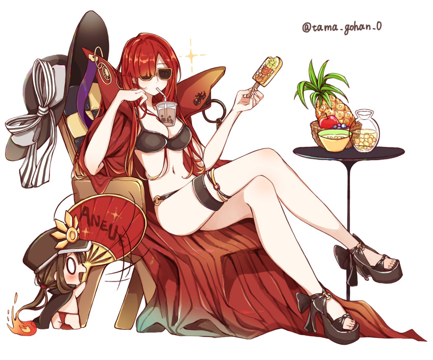 1boy apple black_headwear bubble_tea bubble_tea_challenge cape chain chair collared_cape cup disposable_cup drinking drinking_straw drinking_straw_in_mouth facing_viewer family_crest fate/grand_order fate_(series) fiery_hair food fruit grapes hair_between_eyes hair_over_one_eye hat hi_(wshw5728) high_heels highres holding holding_food holding_popsicle leaning_on_object low_ponytail military_hat object_on_breast oda_nobukatsu_(fate) oda_nobunaga_(fate) oda_nobunaga_(maou_avenger)_(fate) oda_uri on_chair open_mouth otoko_no_ko pillow pineapple ponytail popped_collar popsicle popsicle_stick red_cape red_hair sitting sunglasses swimsuit table twitter_username