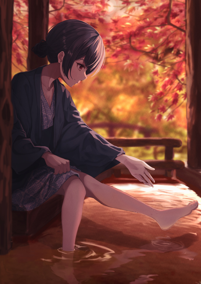 1girl absurdres ashiyu autumn autumn_leaves barefoot black_hair blue_kimono blurry blurry_background blush breasts closed_mouth collarbone from_side hair_between_eyes haori highres idolmaster idolmaster_shiny_colors japanese_clothes kimono leg_up long_sleeves looking_at_another marishiten_(mar1sh110) morino_rinze outdoors print_kimono red_eyes short_hair sitting small_breasts smile soaking_feet solo tree wide_sleeves yukata