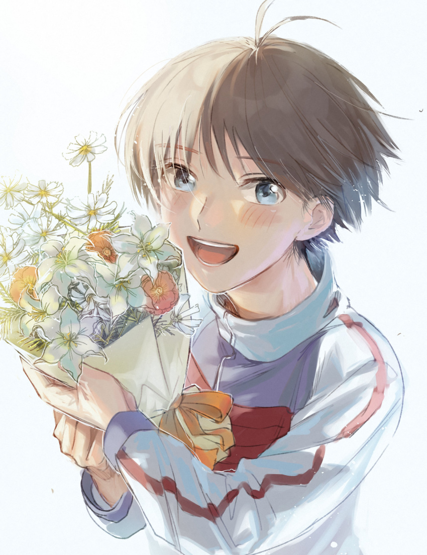 1girl :d absurdres androgynous antenna_hair blue_eyes bouquet bow brown_hair close-up commentary flower grey_jacket hair_over_one_eye highres holding holding_bouquet idolmaster idolmaster_(classic) idolmaster_1 jacket kikuchi_makoto looking_at_viewer loose_hair_strand mihen multicolored_clothes multicolored_jacket open_clothes open_mouth portrait red_bow red_flower red_jacket red_ribbon ribbon short_hair simple_background single_horizontal_stripe single_vertical_stripe smile solo teeth tomboy track_jacket upper_body white_background white_flower white_jacket wind