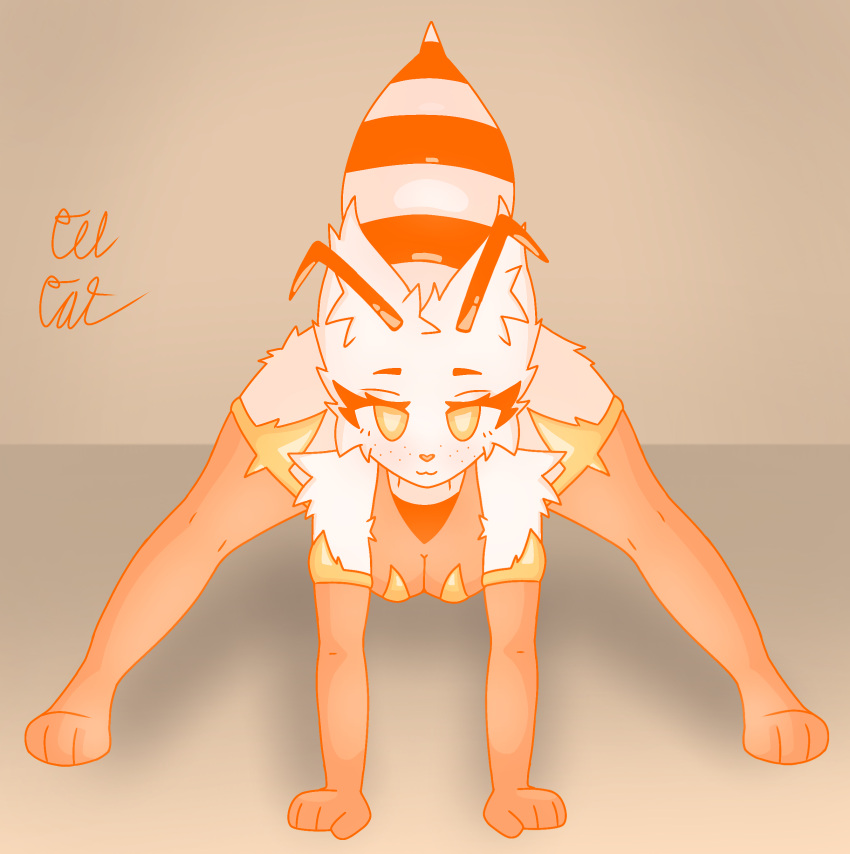 absurd_res antennae_(anatomy) anthro arthropod bee big_ears clothing felid feline female fluffy freckles gloves handwear hi_res humanoid hymenopteran insect jack-o'_pose legwear looking_at_viewer mammal orange_clothing orange_eyes pose small_waist solo thick_thighs thigh_highs