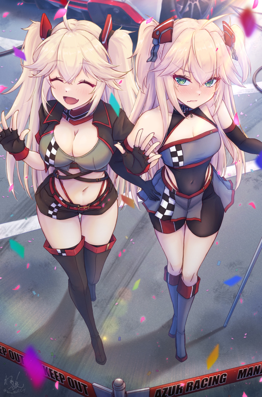 2girls :d admiral_hipper_(azur_lane) ahoge azur_lane bare_shoulders blonde_hair bluecher_(azur_lane) blush boots breasts cleavage closed_eyes covered_nipples embarrassed flag high_heel_boots high_heels highres holding holding_flag iron_blood_(emblem) long_hair medium_breasts mole mole_under_eye multiple_girls navel race_queen smile twintails very_long_hair waa!_okami