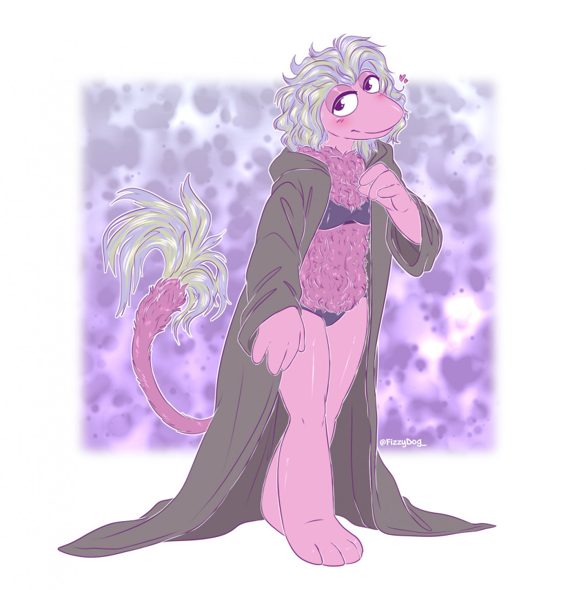 anthro clothing coat female fizzy-dog fraggle fur fuzzy_body hi_res mokey_fraggle purple_body purple_fur solo swimwear topwear