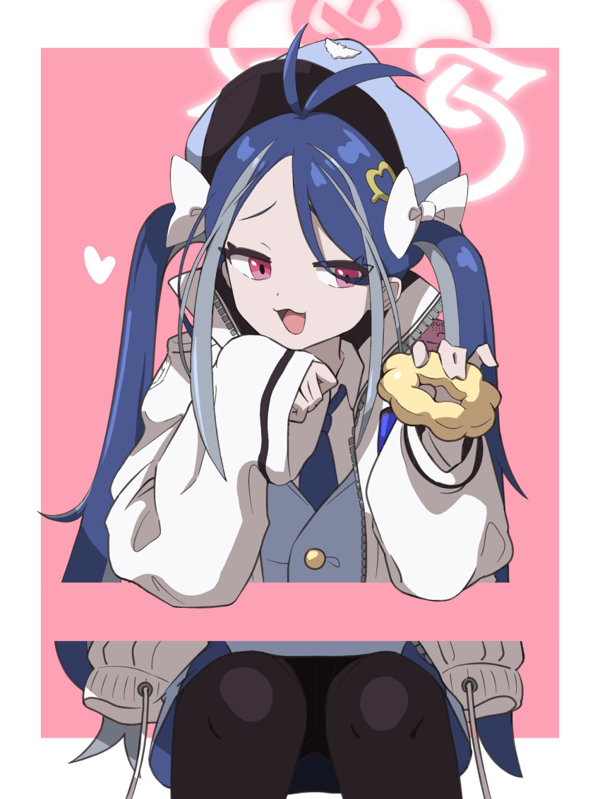 1girl :3 antenna_hair black_necktie black_pantyhose blue_archive blue_hair blue_headwear blue_vest coat collared_shirt doughnut feet_out_of_frame food fubuki_(blue_archive) halo hat highres holding holding_food long_hair long_sleeves looking_at_viewer multicolored_hair necktie open_clothes open_coat open_mouth pantyhose police_hat pon_de_ring red_eyes shirt sitting smile solo streaked_hair twintails uni_gyoza vest white_coat white_shirt