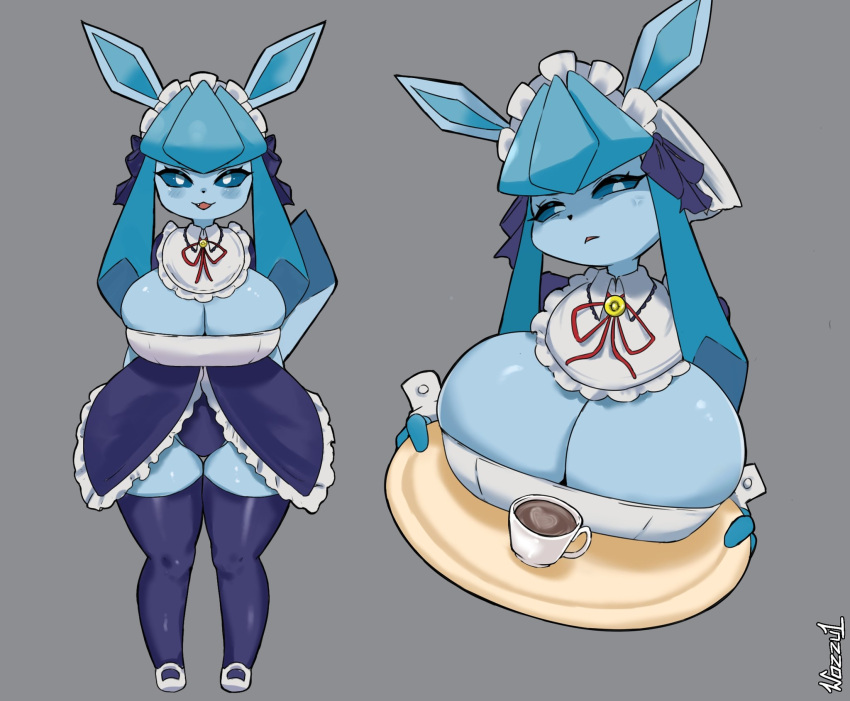 &lt;3 2023 anthro anthrofied artist_name beverage big_breasts black_nose blue_body blue_eyes blue_fur blue_inner_ear blush breasts breasts_on_tray clothed clothing coffee coffee_cup container cross-popping_vein cup digital_media_(artwork) dipstick_ears dipstick_tail eeveelution eyelashes female fingers front_view fur generation_4_pokemon glaceon grey_background hi_res holding_object holding_tray huge_breasts legwear looking_at_viewer maid_headdress maid_uniform markings multicolored_body multicolored_clothing multicolored_ears multicolored_fur nintendo open_mouth open_smile pokemon pokemon_(species) pokemorph pupils serving_tray shirt_cuffs simple_background smile solo tail tail_markings thigh_gap thigh_highs tray two_tone_body two_tone_fur uniform white_pupils wozzu1