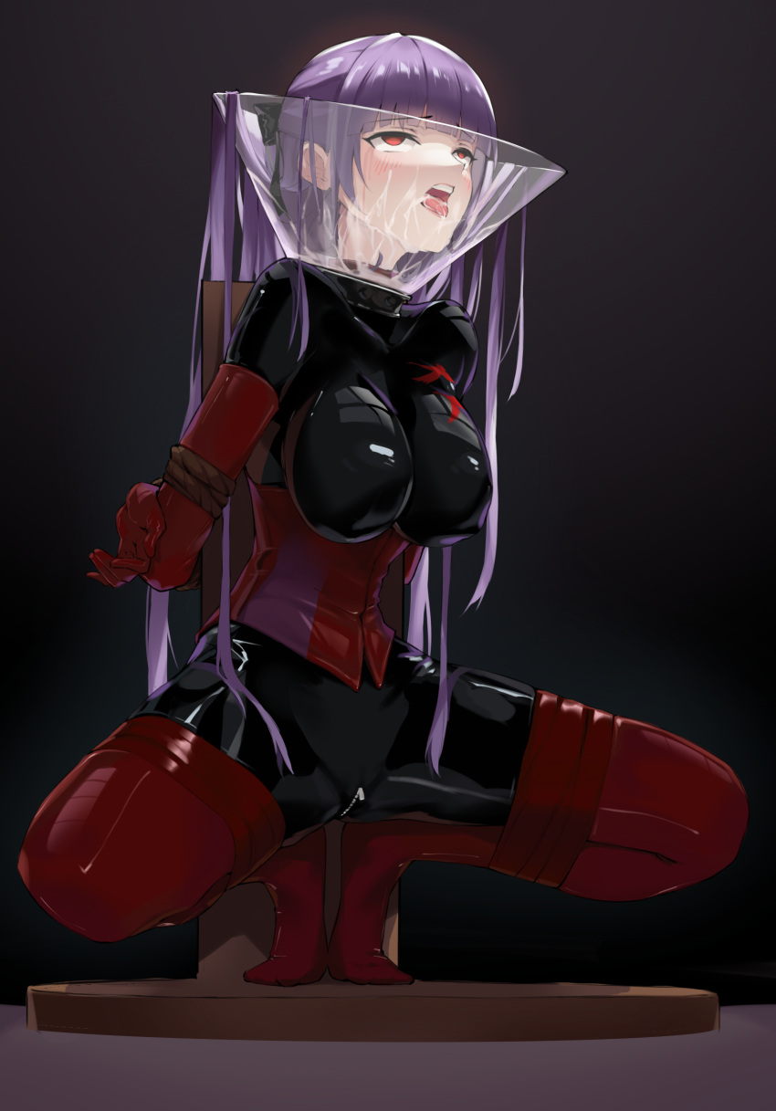 2girls arms_behind_back asagami_fujino bdsm black_gloves bodysuit bondage bondage_outfit boots bound breasts corset cum cum_in_mouth fate/grand_order fate_(series) gloves gokkun highres impossible_clothes kara_no_kyoukai latex latex_bodysuit latex_gloves latex_legwear long_hair multiple_girls open_mouth purple_hair red_corset red_eyes red_footwear red_gloves rope skindentation solo squatting thigh_boots tongue tongue_out