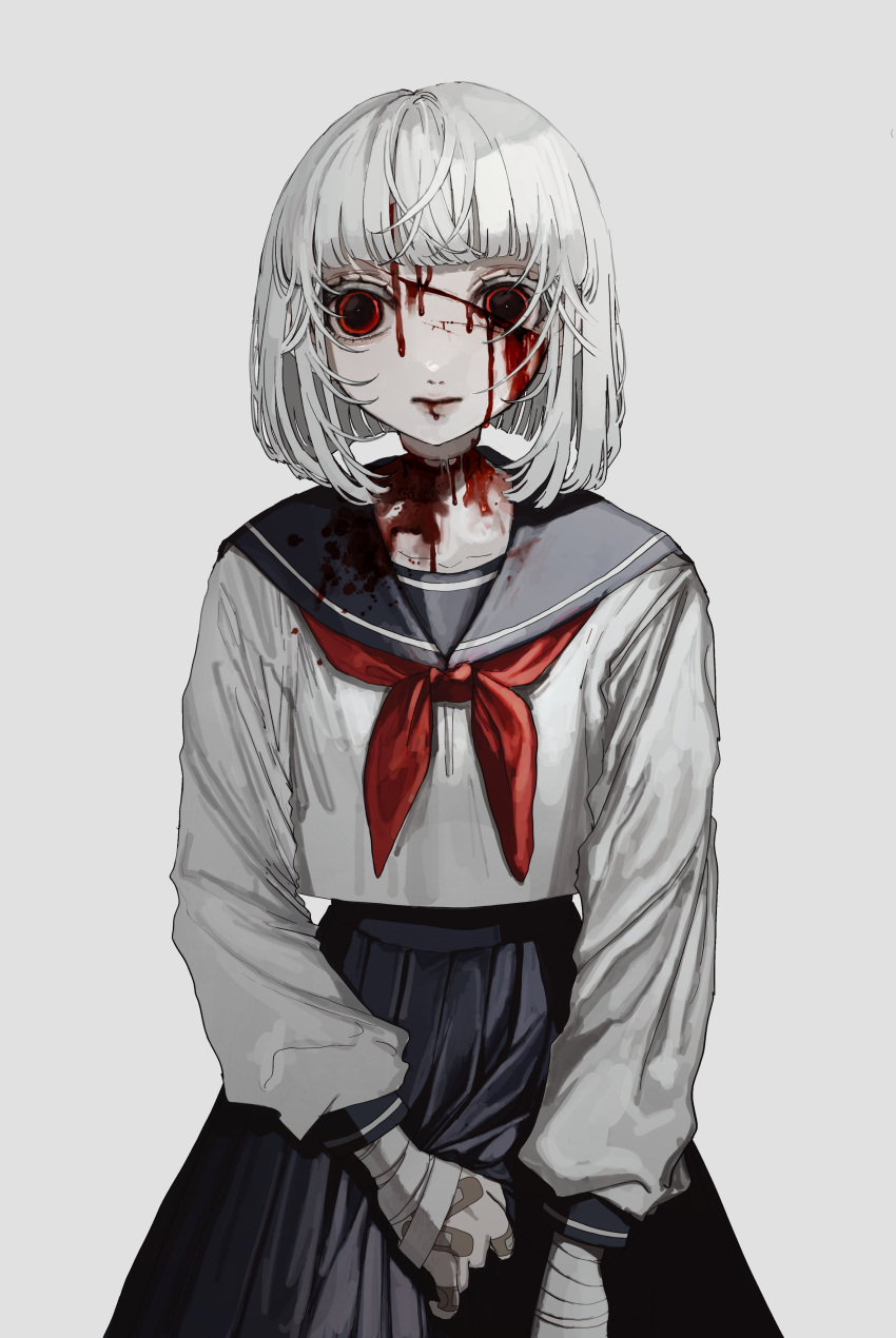 1girl absurdres bandaged_hand bandages bandaid bandaid_on_hand black_sailor_collar black_skirt blood blood_from_mouth blood_on_clothes blood_on_face bob_cut bone clothes_grab collarbone cropped_shirt cuts deep_wound dilated_pupils guro high-waist_skirt highres injury long_sleeves looking_at_viewer messy_hair neckerchief original pleated_skirt red_eyes red_neckerchief sailor_collar school_uniform serafuku shirt short_hair skirt suikaaisu white_hair white_shirt wide-eyed