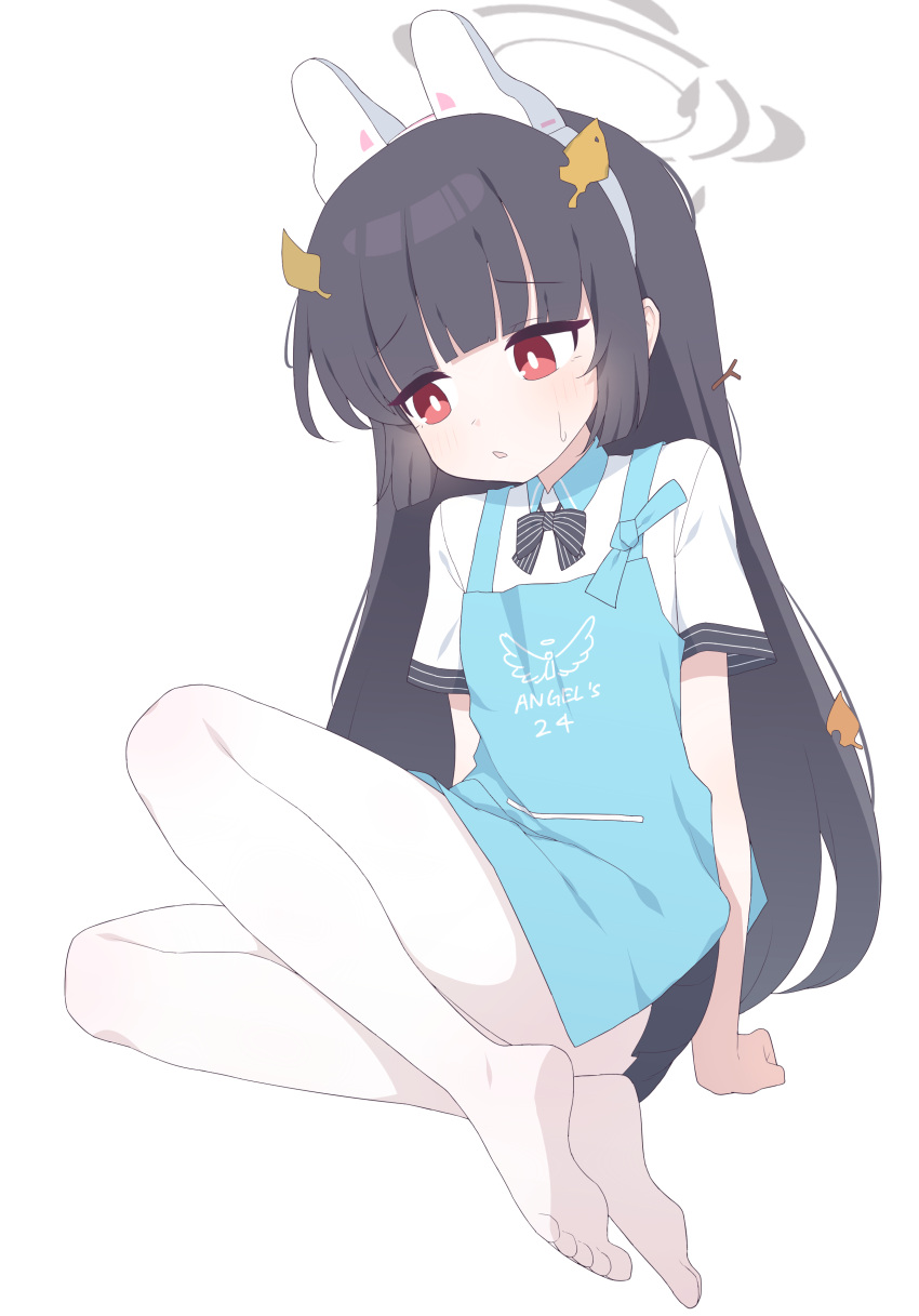 1girl absurdres angel's_24_uniform_(blue_archive) animal_ears apron black_bow black_bowtie black_hair black_skirt blue_apron blue_archive blunt_bangs blush bow bowtie commentary fake_animal_ears feet flat_chest full_body grey_halo hagoonha halo headgear highres leaf leaf_on_head legs long_hair looking_to_the_side miniskirt miyu_(blue_archive) no_shoes pantyhose parted_lips pleated_skirt rabbit_ears red_eyes shirt short_sleeves simple_background sitting skirt soles solo striped striped_bow striped_bowtie sweatdrop toes white_background white_pantyhose white_shirt yokozuwari