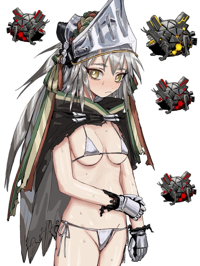 1girl acid_originium_slug_(arknights) arknights bikini black_cloak blush character_request cloak closed_mouth cowboy_shot embarrassed fartooth_(arknights) feather_hair frown gauntlets green_ribbon grey_hair groin hair_ribbon highres holding_own_arm hood hood_down inset long_hair looking_at_viewer micro_bikini nose_blush orrdriver recurring_image red_ribbon ribbon sideways_glance silver_bikini simple_background solo swimsuit thick_eyebrows torn_clothes visor_(armor) white_background white_eyes white_ribbon yellow_eyes