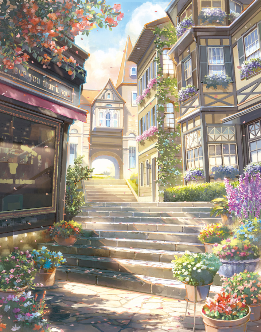 absurdres blue_flower building bush cloud commentary_request cosmos_(flower) day falling_petals flower flower_pot highres hyacinth no_humans orange_flower original outdoors petals pink_flower purple_flower red_flower scenery stairs tomato_(kiiroitomato33) town tree window
