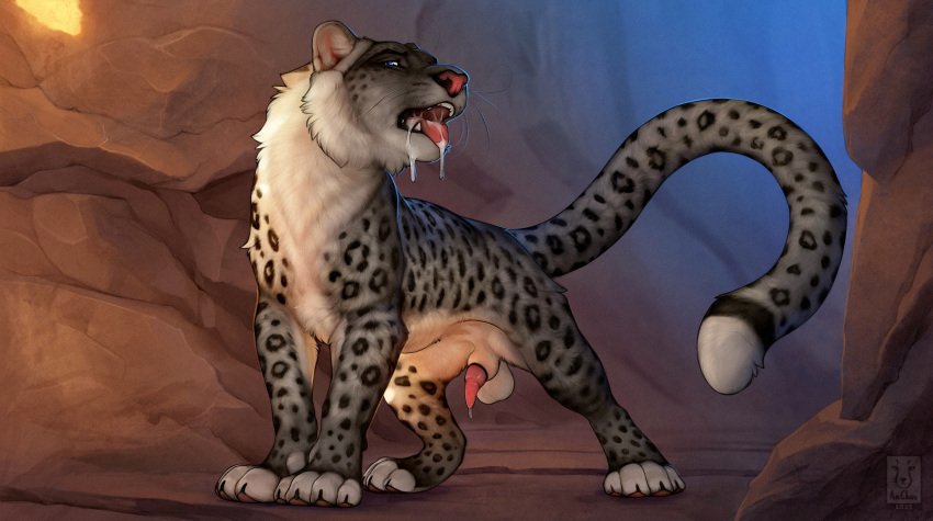 absurd_res all_fours anchee balls bodily_fluids claws cum cum_from_mouth cum_in_mouth cum_inside felid feral genital_fluids genitals hi_res looking_at_viewer looking_down male mammal open_mouth outside pantherine paws penis precum snow_leopard solo standing teeth tongue tongue_out
