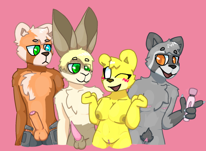 ailurid allan_blackring_(darli_buni) andromorph andromorph/male animal_genitalia animal_penis anthro balls bear big_breasts blonde_eyebrows blonde_hair blush breasts caz_sofftail_(darli_buni) chest_tuft clawed_fingers claws darlan_bunnit darli_buni digital_media_(artwork) domestic_rabbit dutch_rabbit erection eyebrows female fingers foreskin fur genitals green_eyes grey_body grey_fur group hair hi_res humanoid_genitalia imminent_foursome imminent_group_sex imminent_sex intersex intersex/male lagomorph lagomorph_penis leporid looking_at_another male male/female male/male mammal mastectomy_scar nipples no_pupils nude one_eye_closed open_mouth oryctolagus penis phrostetic_leg procyonid pussy rabbit raccoon red_panda scar sex_toy simple_background smile smiling_at_another tapering_penis tongue tuft vibrator wand_vibrator yellow_body yellow_fur