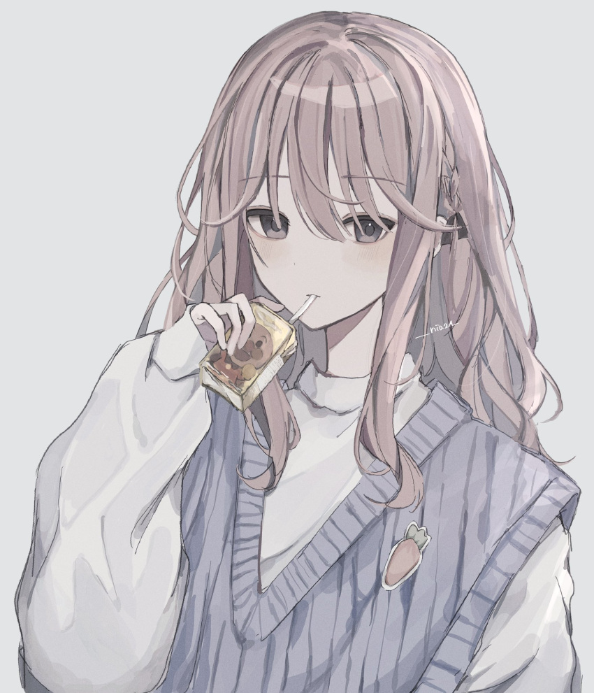 1girl black_ribbon blue_sweater_vest blush braid carton commentary drinking_straw drinking_straw_in_mouth grey_background grey_eyes hair_between_eyes hair_over_eyes hair_ribbon highres long_hair long_sleeves looking_at_viewer niaa original puffy_sleeves ribbon sidelocks simple_background sleeves_past_wrists solo sweater sweater_vest symbol-only_commentary upper_body white_sweater