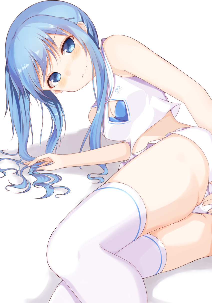 1girl bare_arms bare_shoulders bemani blue_bra blue_eyes blue_hair blush bra breasts character_request cleavage cleavage_cutout clothing_cutout crop_top feet_out_of_frame hand_on_own_crotch highres legs legs_together long_hair looking_at_viewer lying midriff miniskirt on_side shirt sidelocks skirt sleeveless sleeveless_shirt small_breasts solo sound_voltex takanawa thighhighs thighs underwear wavy_mouth white_background white_shirt white_skirt white_thighhighs