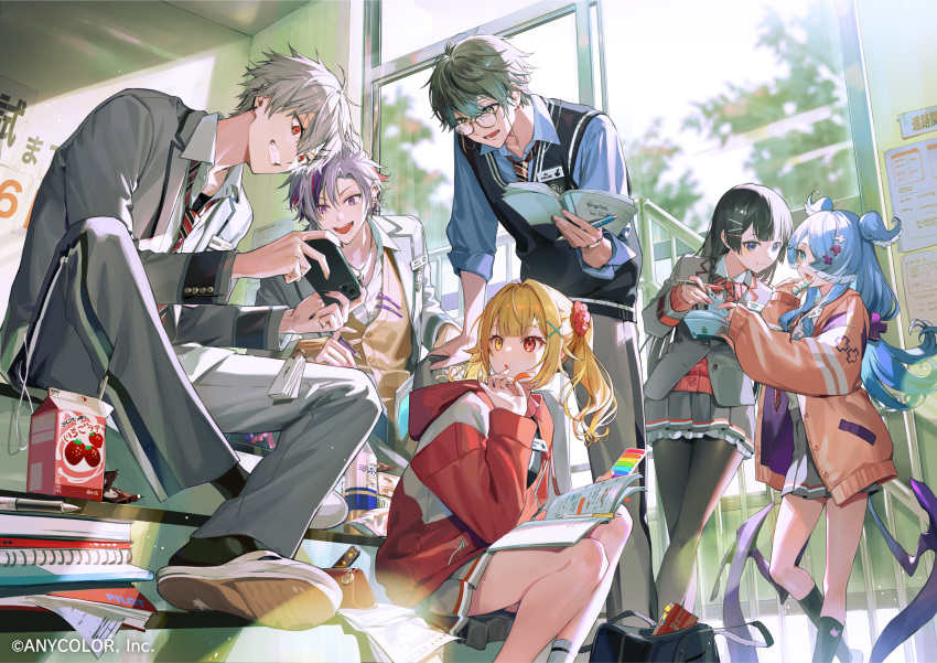 3boys 3girls :o bag black_hair black_necktie black_socks blazer blonde_hair blue_eyes blue_hair blue_shirt blue_wings book book_stack bow bowtie braid cellphone character_name closed_mouth collared_shirt copyright crossed_legs ear_piercing earrings elira_pendora eyewear_strap fangs fuwa_minato glasses grey_hair grey_pants grey_skirt grin hair_ornament hair_over_one_eye hair_scrunchie head_wings heterochromia highres holding holding_book holding_pen holding_phone hood hoodie hoshikawa_sara ike_eveland indoors itefu jacket jewelry kuzuha_(nijisanji) long_hair long_sleeves mole mole_under_eye multicolored_hair multiple_boys multiple_girls name_tag necktie nijisanji nijisanji_en official_art one_eye_covered open_book open_collar open_mouth orange_jacket pants pantyhose pen phone piercing pink_bow pink_bowtie pleated_skirt purple_eyes purple_hair red_eyes red_necktie school_bag school_uniform scrunchie shirt short_hair side_ponytail single_braid sitting skirt smartphone smile socks stairs standing strawberry_milk streaked_hair sweater_vest tsukino_mito virtual_youtuber white_hair white_shirt white_socks window wings x_hair_ornament yellow_eyes