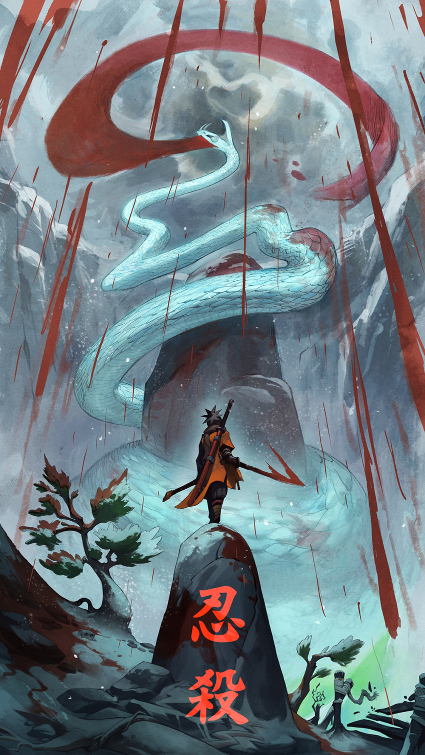 1boy animal blood english_commentary garrett_hanna giant_snake great_serpent_(sekiro) highres holding holding_sword holding_weapon mountain oversized_animal raining_blood sekiro sekiro:_shadows_die_twice snake sword tree weapon