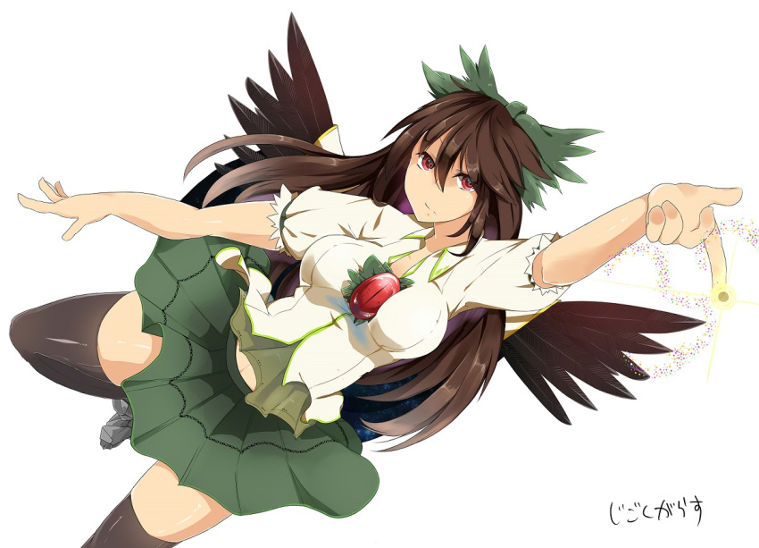 1girl black_thighhighs black_wings bow breasts brown_hair cape closed_mouth collarbone collared_shirt feathered_wings green_bow green_skirt hair_between_eyes hair_bow looking_at_viewer medium_breasts mikomachi_(35machi) puffy_short_sleeves puffy_sleeves red_eyes reiuji_utsuho shirt short_sleeves simple_background skirt solo thighhighs third_eye_on_chest touhou white_background white_cape white_shirt wings