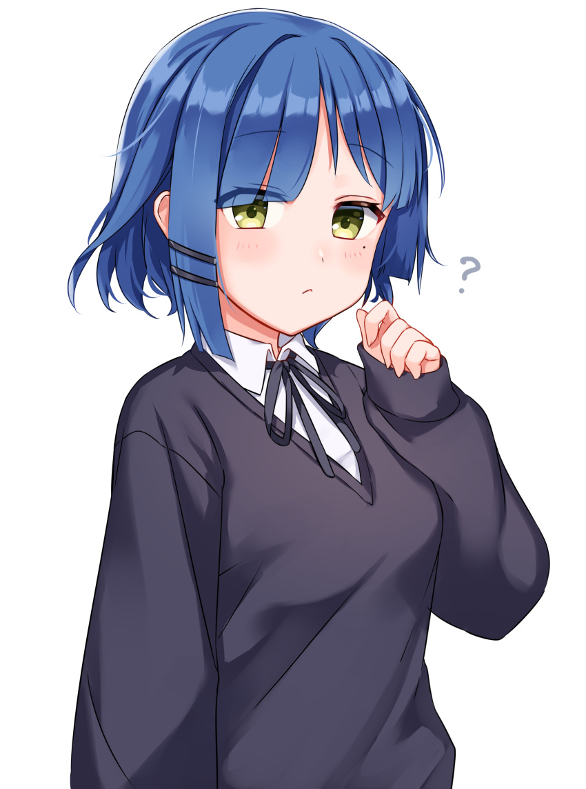 1girl ? absurdres asymmetrical_bangs blue_hair blunt_bangs blush bocchi_the_rock! collared_shirt expressionless hair_ornament hairclip hand_up highres kawagami_raito long_sleeves looking_at_viewer mole mole_under_eye neck_ribbon ribbon shirt sleeves_past_wrists solo sweater upper_body white_background yamada_ryo yellow_eyes