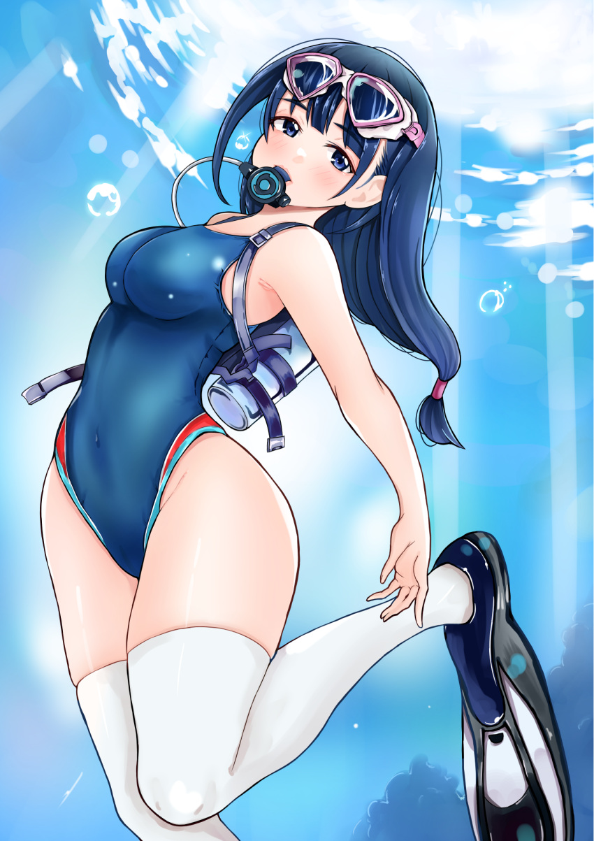 1girl black_eyes black_hair blue_one-piece_swimsuit breasts commentary_request commission competition_swimsuit diving_regulator feet_out_of_frame flippers goggles goggles_on_head highres long_hair looking_at_viewer low-tied_long_hair medium_breasts nobita_(nbnobita) one-piece_swimsuit original pixiv_commission solo swimsuit thighhighs underwater white_thighhighs