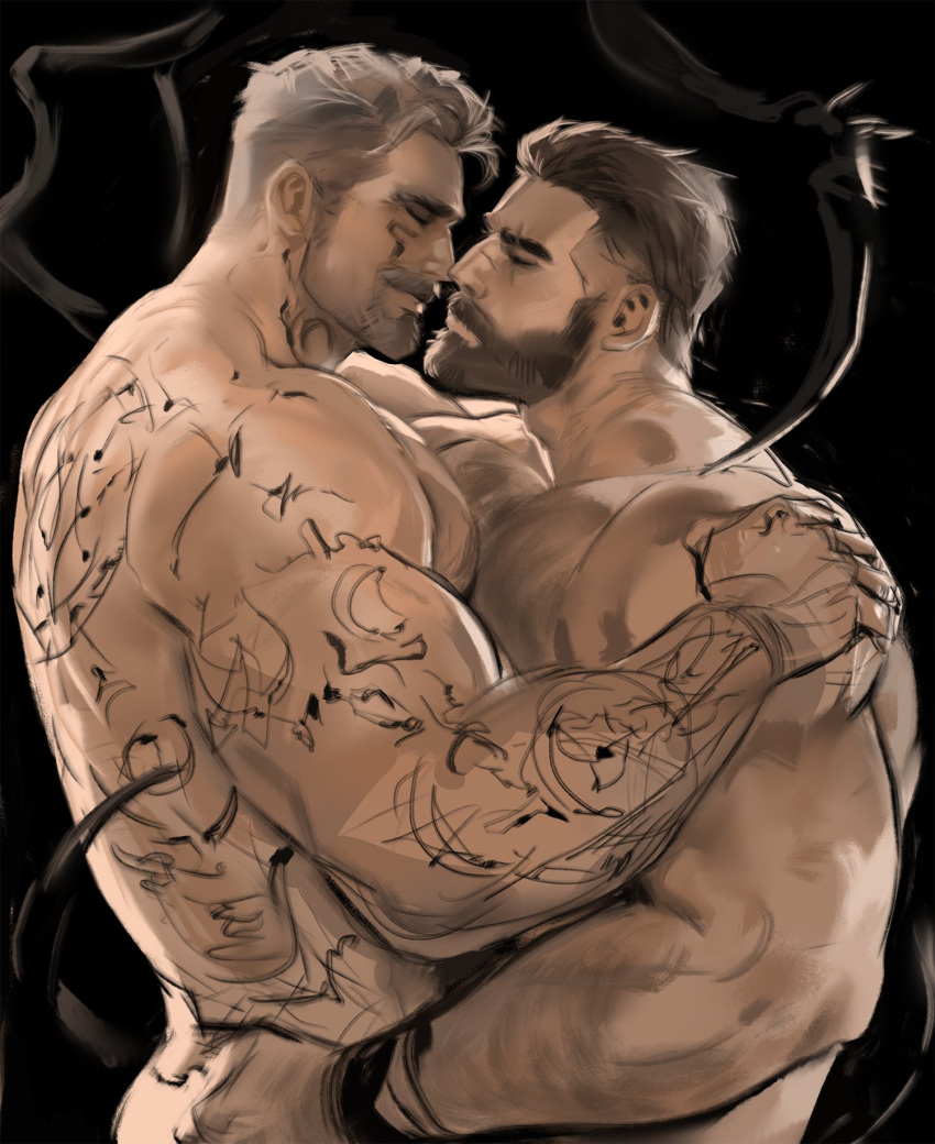 2boys abs alternate_facial_hair arm_hair arthropod_limbs ass bara beard black_hair chest_hair closed_eyes david_king_(dead_by_daylight) dead_by_daylight dopey_(dopq) facial_hair from_side full-body_tattoo goatee grey_hair hairy hand_on_another's_shoulder hand_on_another's_waist highres imminent_kiss large_pectorals long_sideburns male_focus mature_male multiple_boys muscular muscular_male navel nipples old old_man pectoral_docking pectoral_press pectorals scar scar_across_eye short_hair sideburns tattoo thick_eyebrows thick_mustache thick_thighs thighs undercut vittorio_toscano yaoi