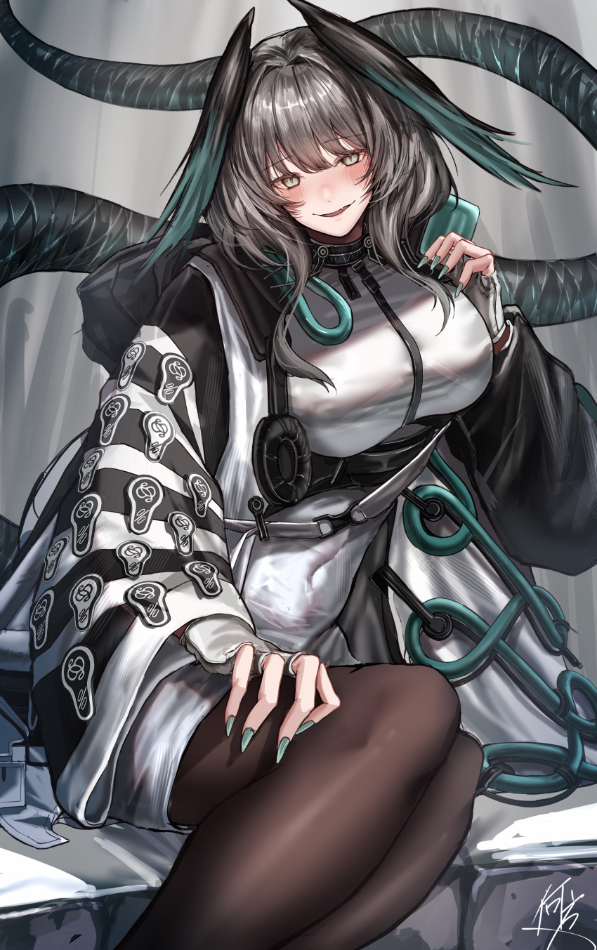 1girl abstract_background absurdres aqua_nails aqua_wings arknights black_pantyhose black_wings blush breasts commentary donata_(donatasama) evil_smile feathered_wings feet_out_of_frame grey_background grey_eyes grey_hair hand_up head_wings highres ho'olheyak_(arknights) jacket large_breasts long_sleeves looking_at_viewer nail_polish pantyhose shirt sidelocks signature sitting smile snake_tail solo tail thighs wall white_jacket white_shirt wide_sleeves wings