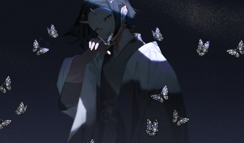 1girl absurdres animal black_eyes black_hair bright_pupils bug butterfly butterfly_on_hand closed_mouth cover cover_page dappled_moonlight grey_butterfly grey_kimono hair_behind_ear hand_up haori haruno_taku head_tilt highres horns jacket japanese_clothes kimono light_particles looking_at_viewer moonlight night night_sky obi oni oni_horns original pointy_ears sash short_hair sky smile star_(sky) starry_sky up_sleeve upper_body white_jacket white_pupils wide_sleeves