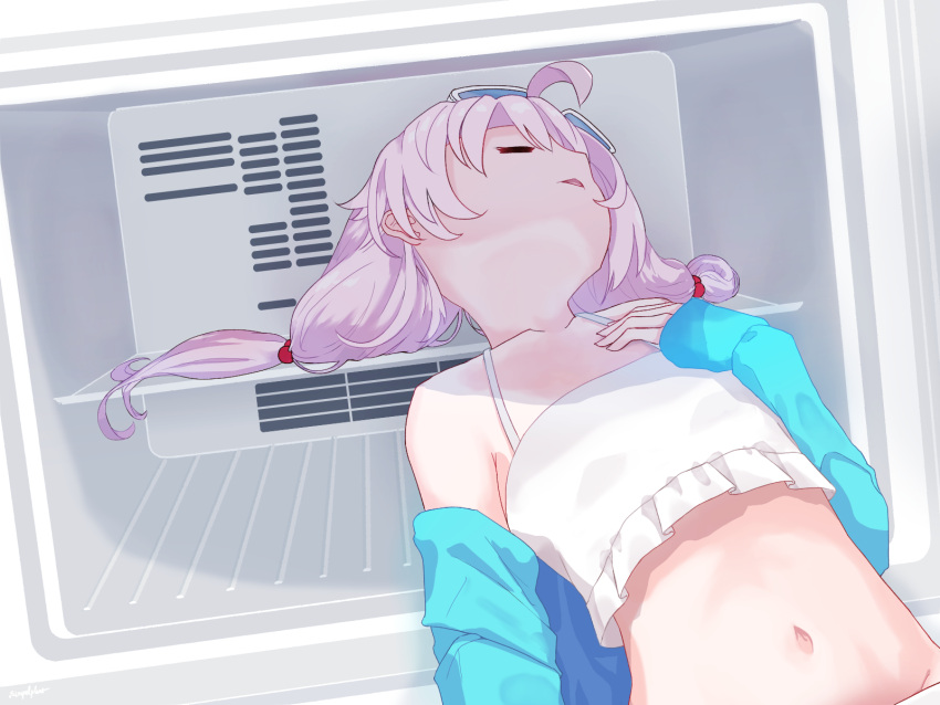 1girl 241543903 ahoge bikini blue-tinted_eyewear blue_archive blue_jacket closed_eyes collarbone commentary eyewear_on_head flat_chest freezer freezer_interior frilled_bikini frills hair_bobbles hair_ornament highres hoshino_(blue_archive) hoshino_(swimsuit)_(blue_archive) jacket long_sleeves low_twintails navel official_alternate_costume parted_lips photo-referenced pink_hair simpelplant solo stomach sunglasses swimsuit tinted_eyewear twintails upper_body white-framed_eyewear white_bikini