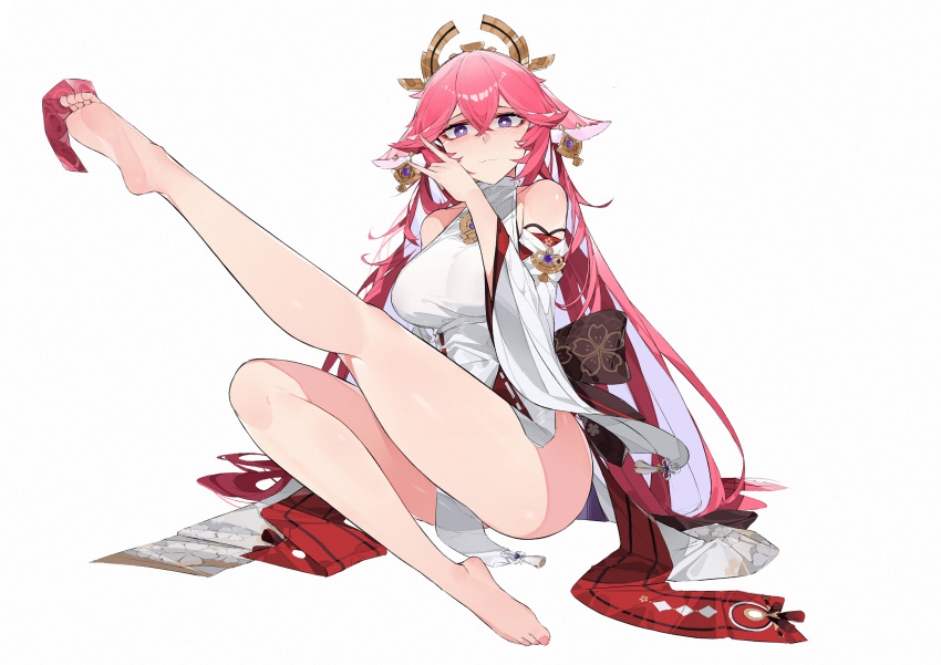 1girl absurdres animal_ears bare_shoulders barefoot between_toes breasts closed_mouth colored_inner_hair condom condom_packet_strip condom_wrapper detached_sleeves earrings feet fox_ears full_body genshin_impact hair_between_eyes heart heart-shaped_pupils highres japanese_clothes jewelry large_breasts leg_up long_hair long_sleeves looking_at_viewer multicolored_hair pink_hair purple_eyes shiershishisanfen shirt simple_background sitting sleeveless sleeveless_shirt smile solo symbol-shaped_pupils toes very_long_hair white_background white_shirt wide_sleeves yae_miko