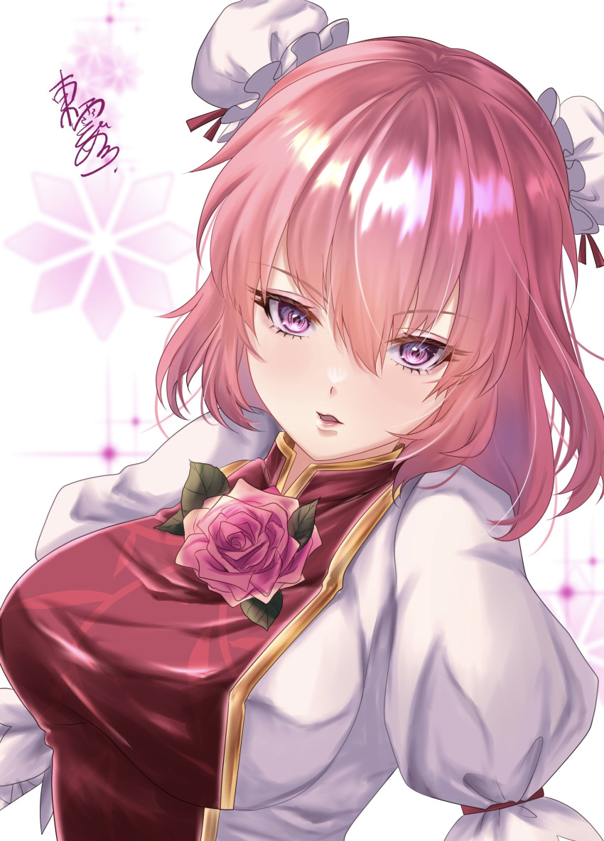 1girl blush breasts bun_cover commentary_request double_bun flower hair_between_eyes hair_bun highres ibaraki_kasen large_breasts long_bangs looking_at_viewer medium_hair mononobe_kanako open_mouth pink_flower pink_hair pink_rose red_eyes rose shirt short_sleeves solo tabard touhou upper_body white_background white_shirt