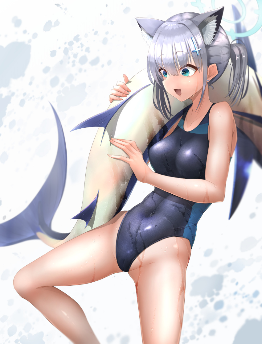 1girl absurdres animal_ear_fluff animal_ears black_one-piece_swimsuit blue_archive blue_eyes breasts competition_swimsuit covered_navel cowboy_shot cross_hair_ornament doro9363 extra_ears fish grey_hair hair_ornament halo highres low_ponytail marlin_(fish) medium_breasts medium_hair mismatched_pupils multicolored_clothes multicolored_swimsuit official_alternate_costume one-piece_swimsuit shiroko_(blue_archive) shiroko_(swimsuit)_(blue_archive) smile solo swimsuit swordfish wolf_ears