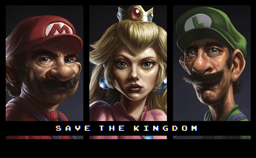 clothing crown female group hat headgear headwear human human_only letterbox looking_at_viewer luigi male mammal mario mario_bros nintendo not_furry nuno_benito princess_peach realistic red_clothing red_hat red_headwear simple_background trio