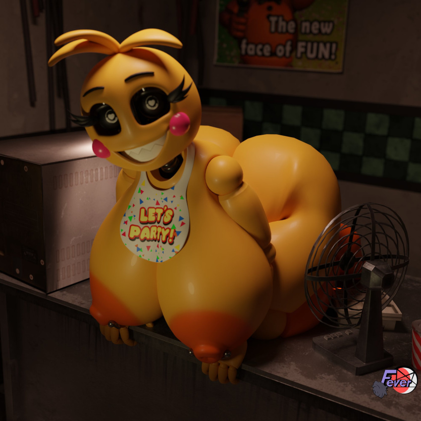 &lt;3 &lt;3_eyes 2023 3d_(artwork) 5_fingers animatronic anthro areola avian beakless bib big_breasts big_butt bird blush blush_stickers breasts butt chicken digital_media_(artwork) english_text eyebrows eyelashes female feversfm fingers five_nights_at_freddy's five_nights_at_freddy's_2 galliform gallus_(genus) hi_res huge_breasts looking_at_viewer machine nipples orange_areola orange_nipples phasianid robot scottgames solo teeth text thick_thighs toy_chica_(fnaf) yellow_body