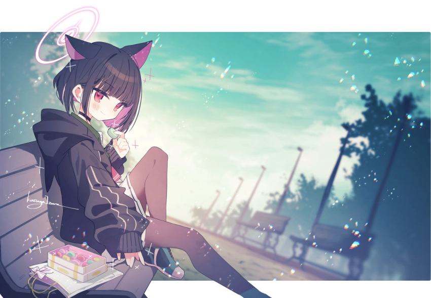 1girl animal_ears black_hair black_jacket black_pantyhose blue_archive cat_ears colored_inner_animal_ears colored_inner_hair hood hood_down hooded_jacket jacket kasuga_haruhi kazusa_(blue_archive) knee_up multicolored_hair pantyhose pink_hair short_hair sitting_on_bench skirt solo white_skirt